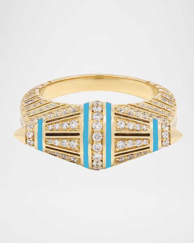 18K Yellow Gold Al Merriyah Ring with Turquoise HyCeram and Diamonds, Size 6